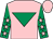 Pink, emerald green inverted triangle, emerald green sleeves, pink stars