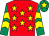 Red, yellow stars, emerald green sleeves, yellow chevrons, emerald green cap, yellow star