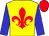 Yellow, red fleur de lys, blue sleeves, red cap