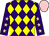 Purple & yellow diamonds, purple sleeves, pink stars, pink cap