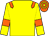 Yellow body, orange epaulettes, yellow arms, orange armlets, orange cap, yellow hooped