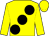 Yellow body, black large spots, yellow arms, yellow cap