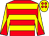 Red, yellow hoops, yellow and red diabolo on sleeves, yellow cap, red spots