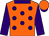 Orange, purple spots, purple sleeves and collar, orange cap, purple peak