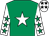 Emerald green, white star, white sleeves, emerald green stars, white cap, black stars