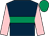 Dark blue, emerald green hoop, pink sleeves, emerald green cap