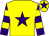 Yellow, purple star, purple sleeves, yellow hoops, yellow cap, purple star