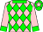 Pink and green checked diamonds, pink sleeves, green collar and cuffs, green cap, pink star