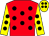 Red body, black spots, yellow arms, black spots, yellow cap, black spots