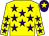 Yellow, purple stars, purple cap, yellow star