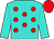 Turquoise, red spots, turquoise sleeves, red cap