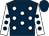 Dark blue, white spots, white sleeves, dark blue spots and cap