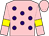 Pink, purple spots, yellow armlet, pink cap