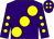 Purple, large yellow spots, yellow spots on sleeves, purple cap, yellow spots