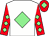 White, light green diamond, red sleeves, light green diamonds, red cap, light green diamond