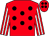 Red, black spots, red & white striped sleeves, red cap, black spots