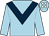 light blue, dark blue chevron, light blue sleeves, light blue cap, white spots