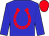 blue, red horseshoe, red cap