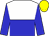 White and Blue halved horizontally, blue sleeves, Yellow cap