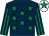 Dark blue, emerald green stars, striped sleeves, white cap, emerald green star