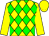 Yellow body, big-green diamonds, yellow arms, yellow cap