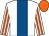 White, royal blue stripe, white and orange striped sleeves, orange cap