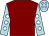 Maroon, light blue sleeves, white spots, light blue cap, white diamonds