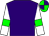 Purple body, white centre(suit), white arms, green-light armlets, green-light cap, purple quartered