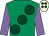 Emerald green, large dark green spots, mauve sleeves, beige cap, dark green spots