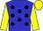 blue, black spots, yellow sleeves and cap