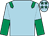 light blue, emerald green epaulets, light blue and emerald green halved sleeves, light blue cap, emerald green stars