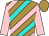 Mustard, pink and turquoise diagonal stripes, pink sleeves, mustard cap