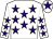 White body, purple stars, white arms, purple stars, white cap, purple star