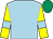 Light blue, yellow sleeves, light blue armlets, emerald green cap