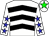 White and black chevrons, white sleeves, blue stars, white cap, green star