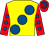 Yellow, large royal blue spots, red sleeves, royal blue spots, red & royal blue hooped cap