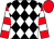 Black and white checked diamonds, red and white hooped sleeves, red cap