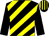 black, yellow diagonal stripes, black sleeves, black cap, yellow stripes