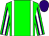 Green, white braces, purple stripes on sleeves, white stripe, purple cap