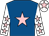 Royal blue, pink star, white sleeves, pink stars, white cap, pink star