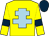 yellow, light blue cross of lorraine, dark blue armlets and cap