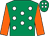 Emerald green, white spots, orange sleeves, emerald green cap, white spots