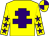 Yellow, purple cross of lorraine, yellow sleeves, purple stars, quartered cap