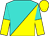 Turquoise, yellow halved diagonally, halved sleeves, yellow cap