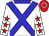 White, blue crossed sashes and collar, white sleeves, red stars, red cap, white hoop