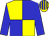 Yellow body, blue quartered, blue arms, yellow cap, blue striped