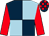 Dark blue and light blue (quartered), red sleeves, dark blue and red check cap