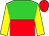 Lime green and red halved horizontally, yellow sleeves, red cap