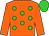 Orange, lime green spots, orange sleeves, lime green cap