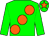 Green body, orange large spots, green arms, green cap, orange star